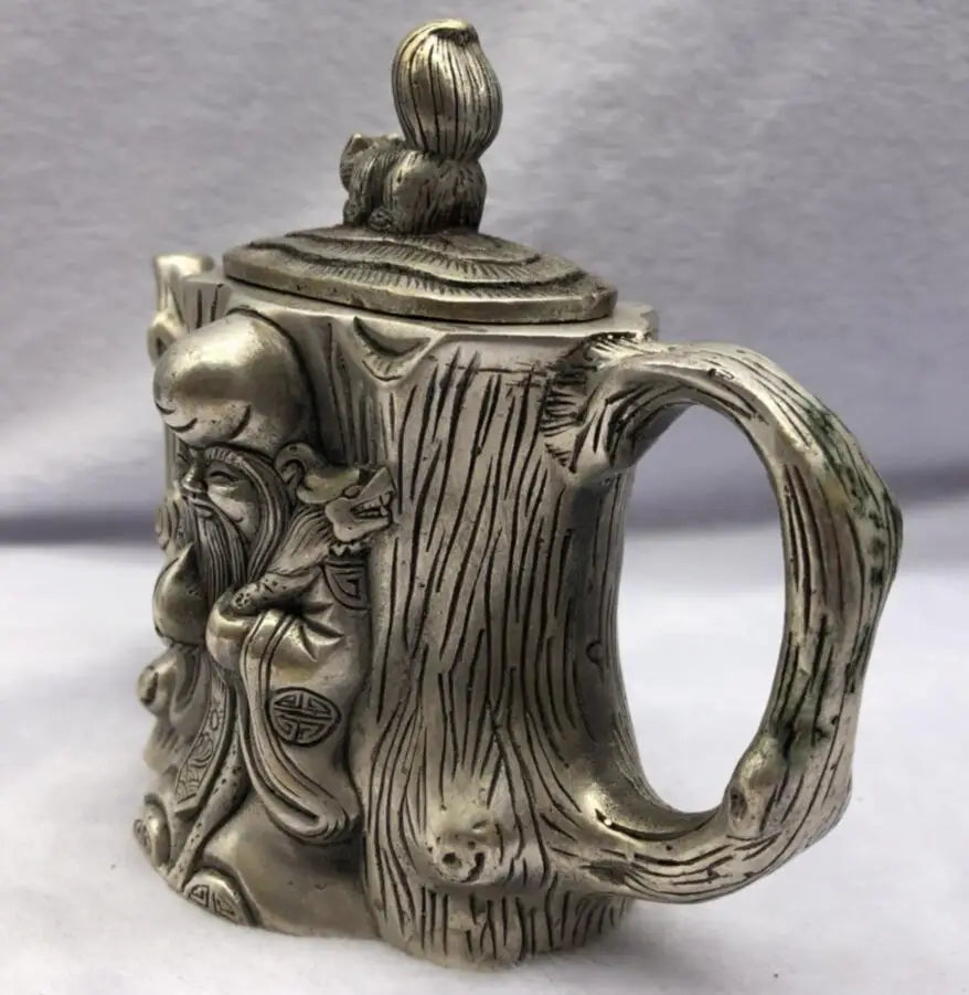 Chinese White copper longevity Buddha teapot crafts statue