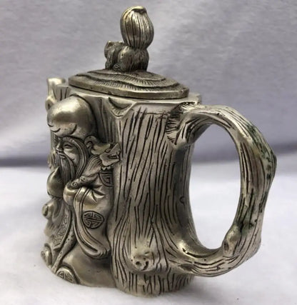 Chinese White copper longevity Buddha teapot crafts statue