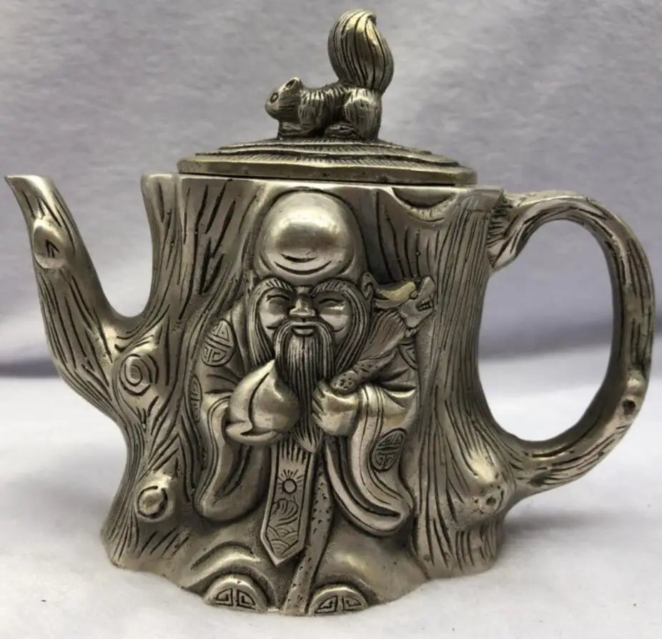 Chinese White copper longevity Buddha teapot crafts statue
