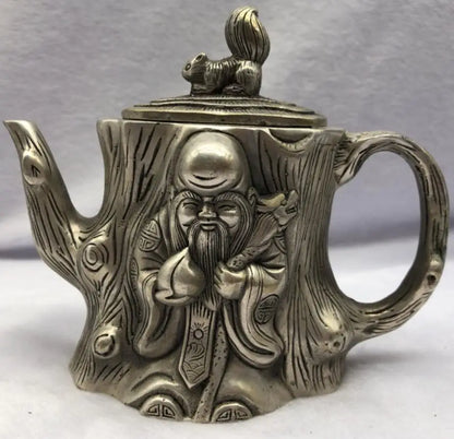 Chinese White copper longevity Buddha teapot crafts statue