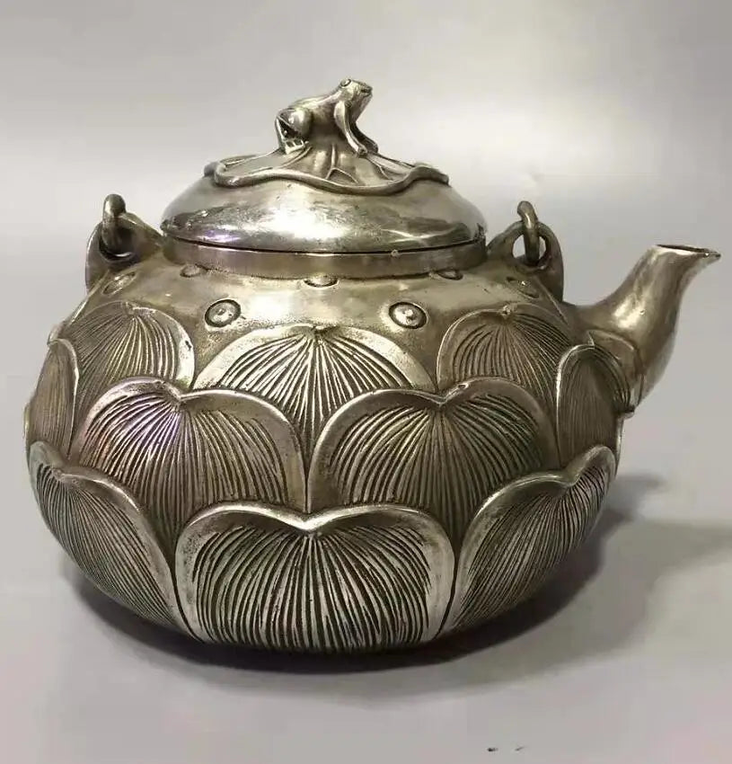 Chinese White copper lotus flower teapot crafts statue