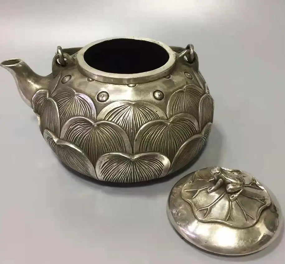 Chinese White copper lotus flower teapot crafts statue
