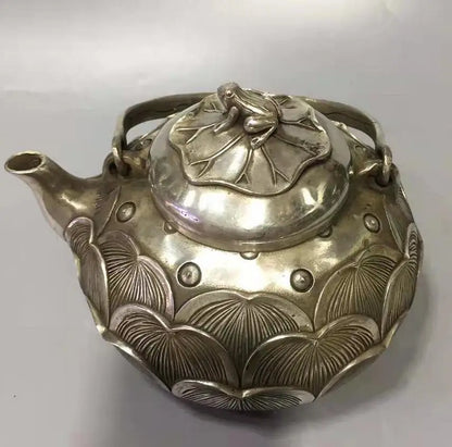 Chinese White copper lotus flower teapot crafts statue