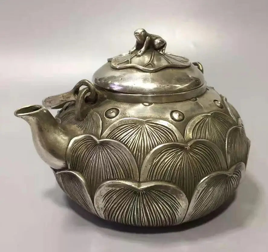Chinese White copper lotus flower teapot crafts statue