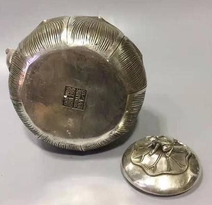 Chinese White copper lotus flower teapot crafts statue