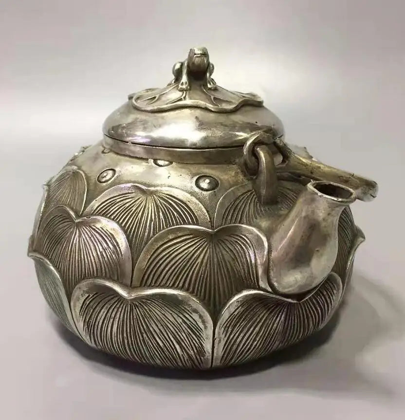 Chinese White copper lotus flower teapot crafts statue