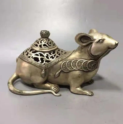 Chinese White copper mouse wealth incense furnace crafts statue