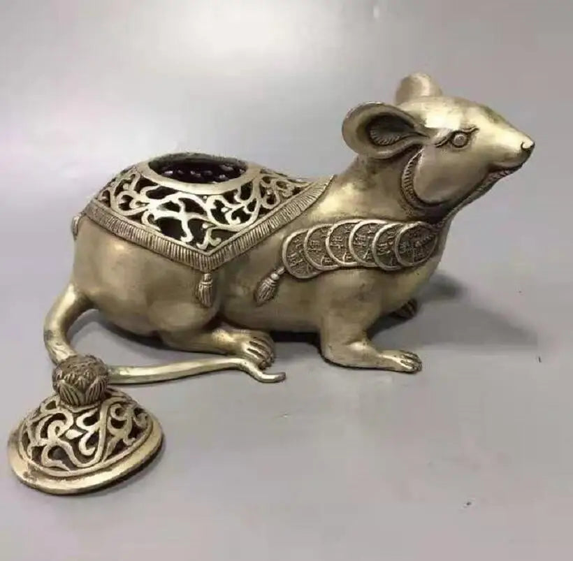 Chinese White copper mouse wealth incense furnace crafts statue