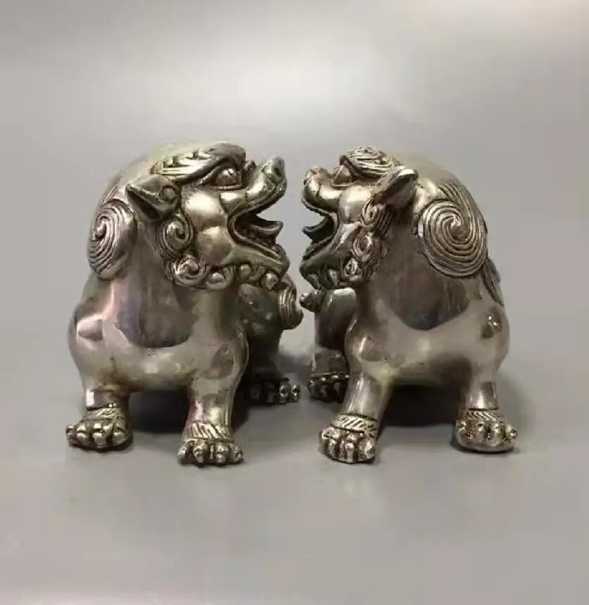 Chinese White copper mythical wild animal crafts statue A pair