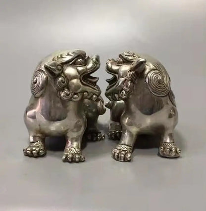 Chinese White copper mythical wild animal crafts statue A pair