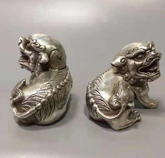 Chinese White copper mythical wild animal crafts statue A pair