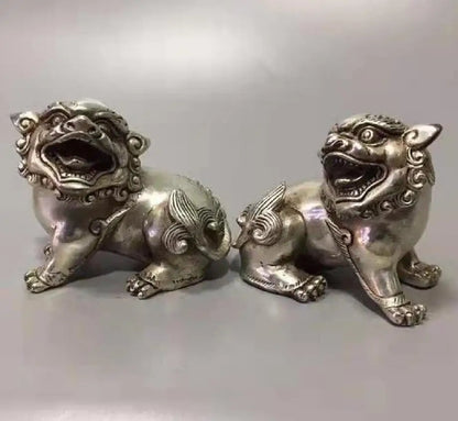 Chinese White copper mythical wild animal crafts statue A pair