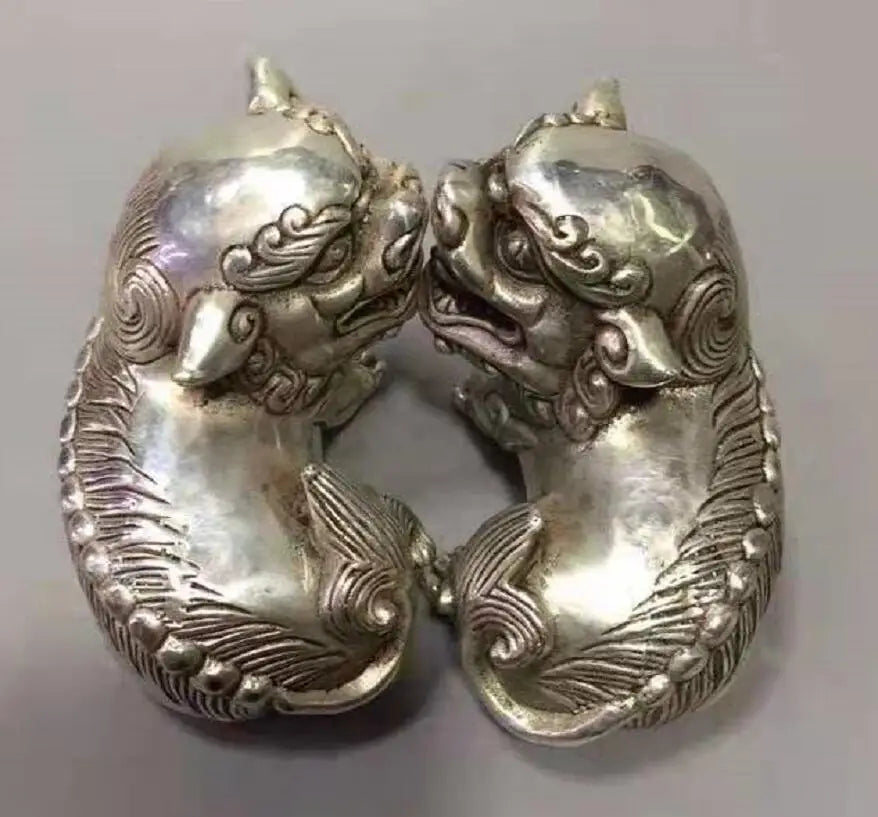 Chinese White copper mythical wild animal crafts statue A pair