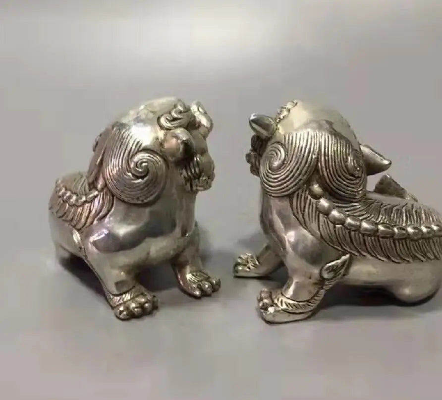 Chinese White copper mythical wild animal crafts statue A pair