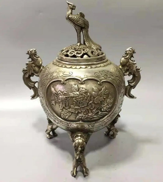 Chinese White copper peacock lid incense furnace crafts statue