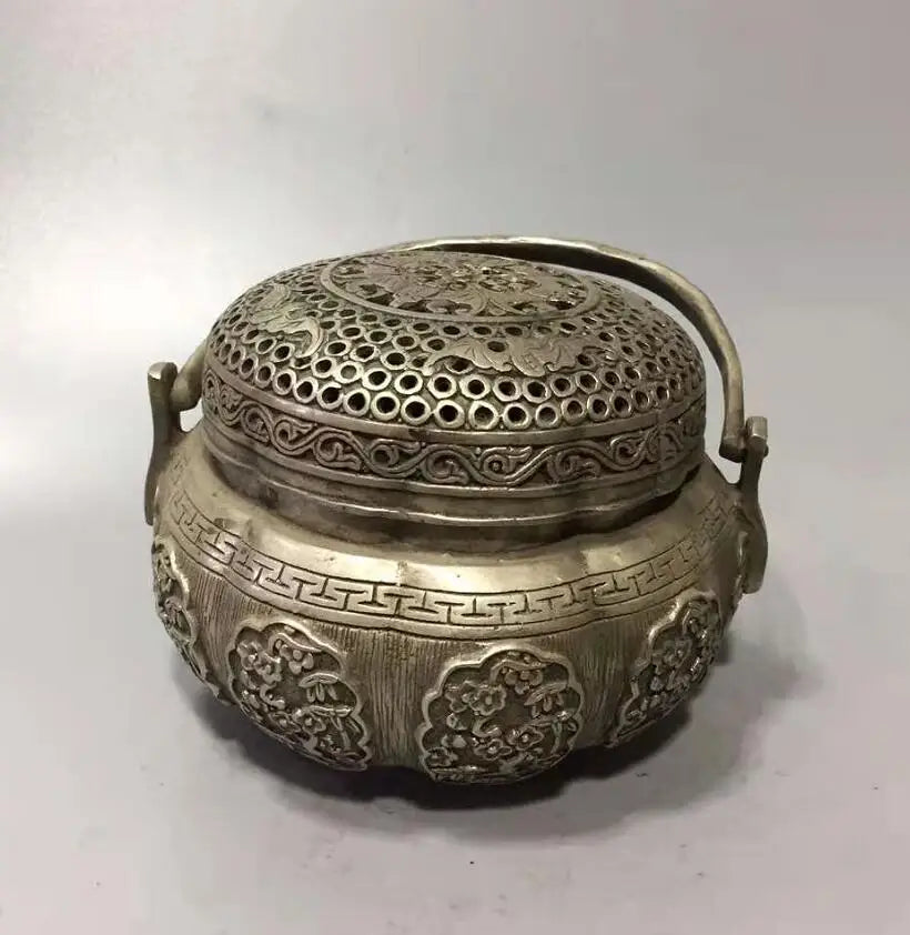 Chinese White copper plum blossom portable Incense burner crafts statue