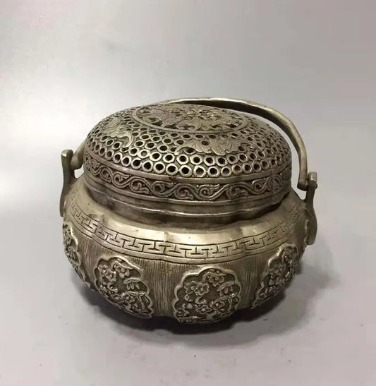 Chinese White copper plum blossom portable Incense burner crafts statue