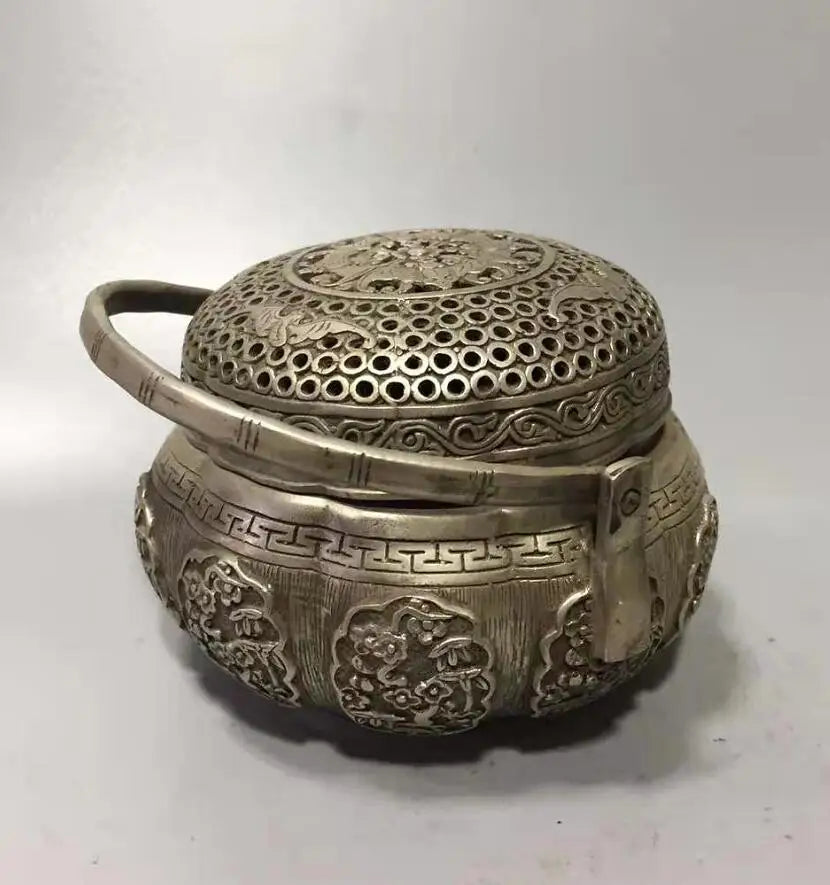 Chinese White copper plum blossom portable Incense burner crafts statue