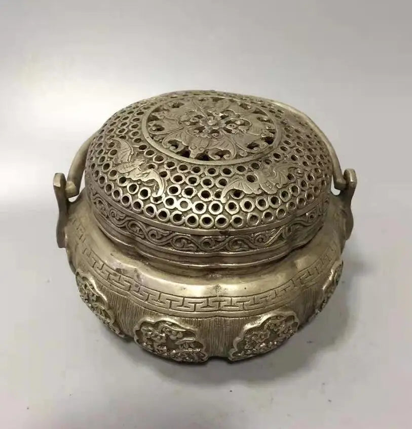 Chinese White copper plum blossom portable Incense burner crafts statue