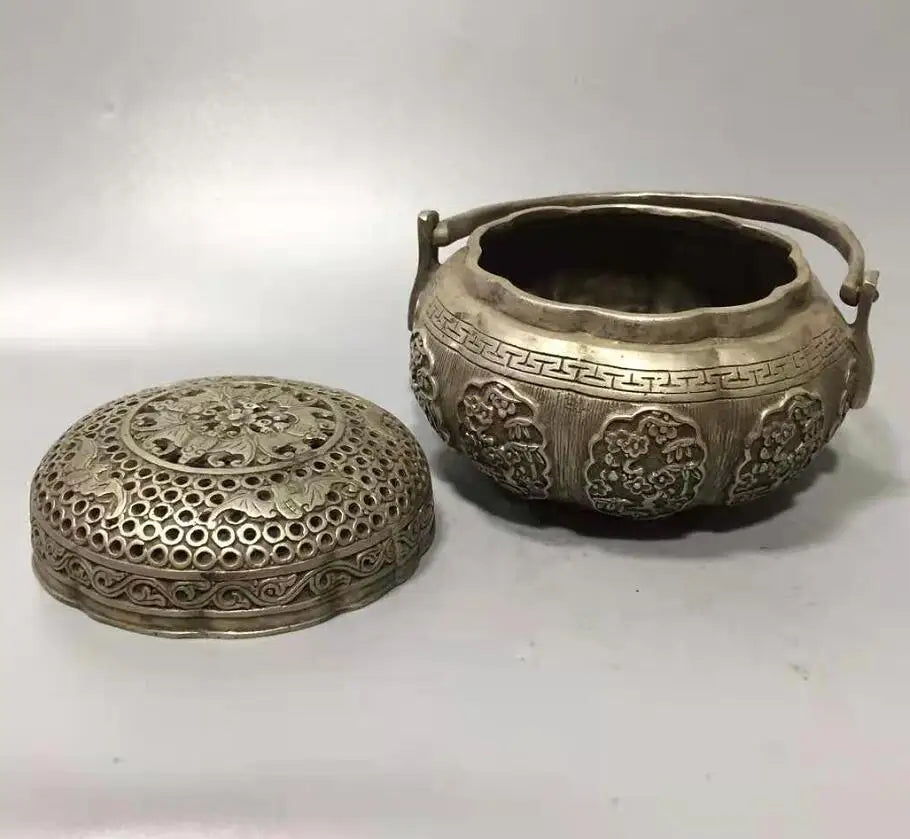 Chinese White copper plum blossom portable Incense burner crafts statue