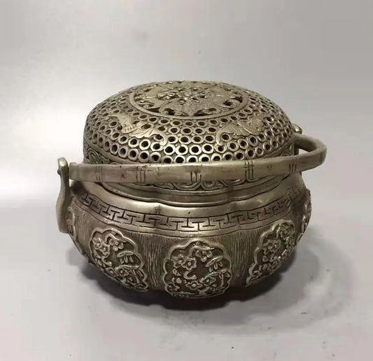 Chinese White copper plum blossom portable Incense burner crafts statue