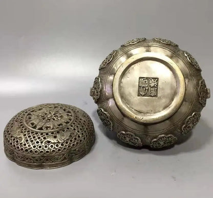 Chinese White copper plum blossom portable Incense burner crafts statue