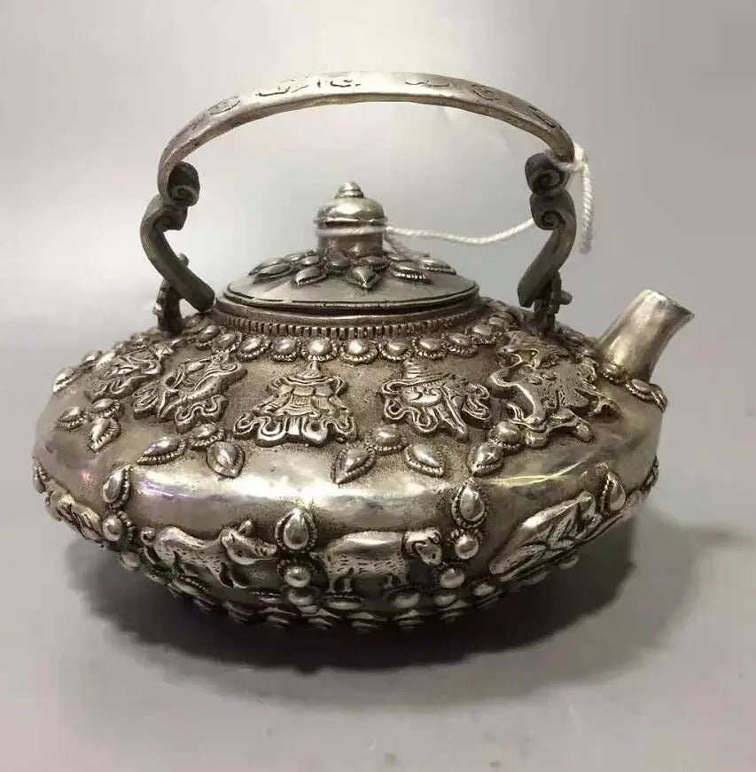Chinese White copper twelve zodiac teapot crafts statue
