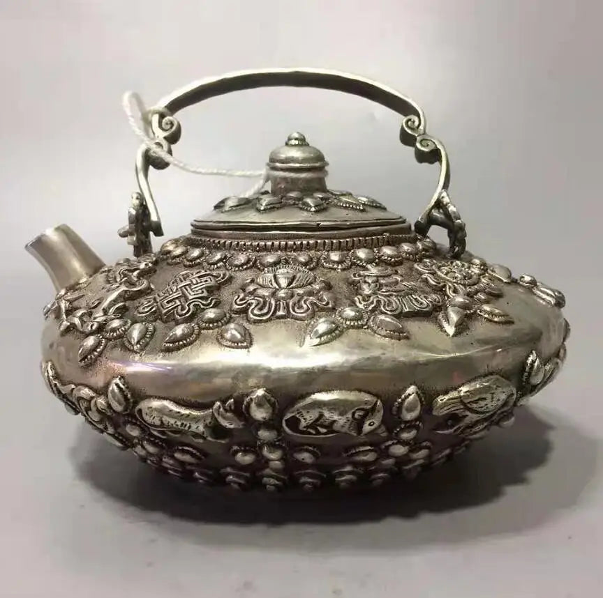 Chinese White copper twelve zodiac teapot crafts statue