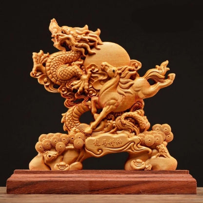 Chinese Wooden Animal Dragon Horse Spirit  Decoration Ornaments Crafts Creative Home Carving Arts