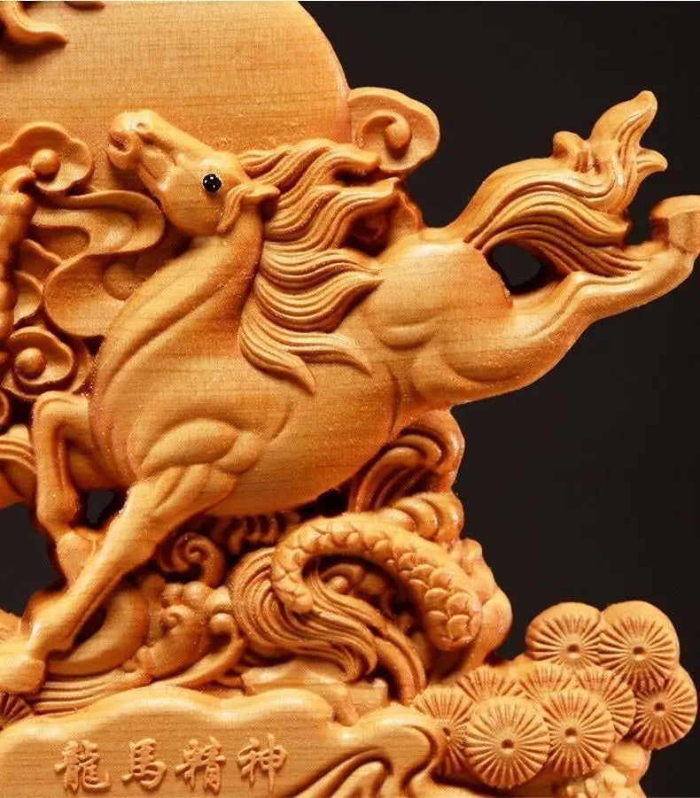 Chinese Wooden Animal Dragon Horse Spirit  Decoration Ornaments Crafts Creative Home Carving Arts