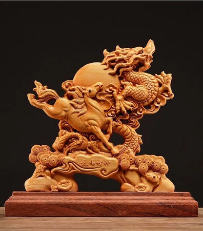 Chinese Wooden Animal Dragon Horse Spirit  Decoration Ornaments Crafts Creative Home Carving Arts