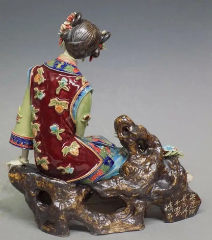 Chinese Wucai Porcelain pottery Ceramic Seat Lady Women Flower Happy Figurine