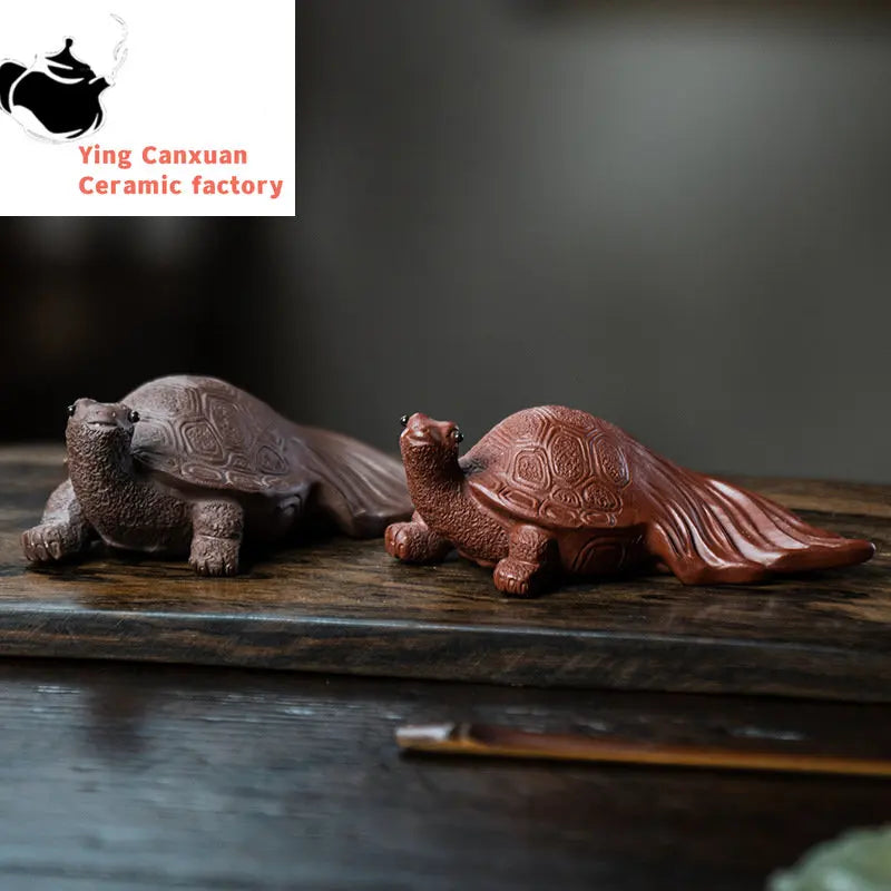 Chinese Yixing Boutique Purple Clay Tea Pet Longevity Turtle Statue Animal Sculpture Ornaments Handmade Tea Set Decoration Gifts