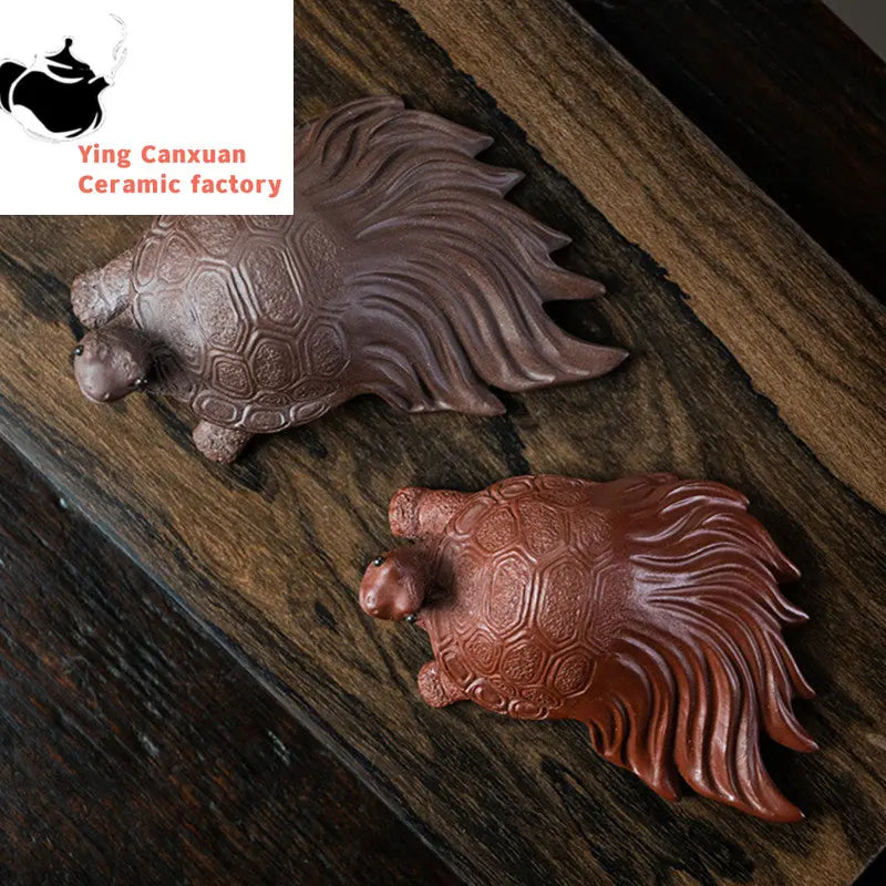 Chinese Yixing Boutique Purple Clay Tea Pet Longevity Turtle Statue Animal Sculpture Ornaments Handmade Tea Set Decoration Gifts