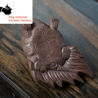 Chinese Yixing Boutique Purple Clay Tea Pet Longevity Turtle Statue Animal Sculpture Ornaments Handmade Tea Set Decoration Gifts