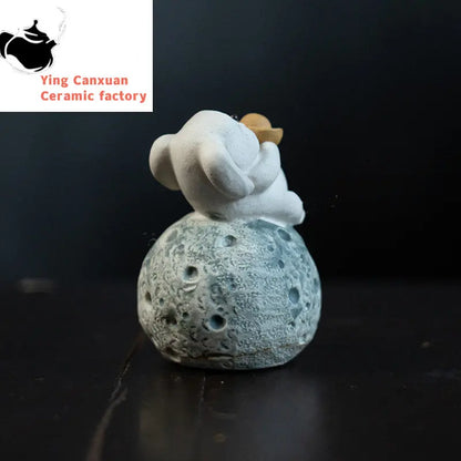 Chinese Yixing Handmade Sculpture Purple Clay Tea Pet Moon Rabbit Model Ornaments Tea Figurine Crafts Zisha Tea Set Decoration