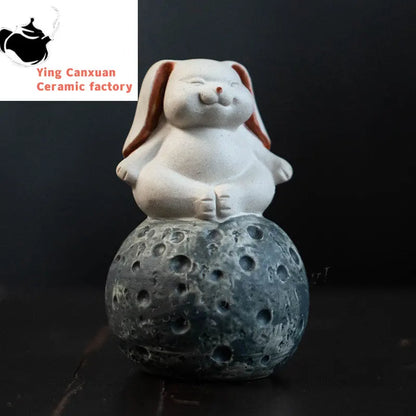 Chinese Yixing Handmade Sculpture Purple Clay Tea Pet Moon Rabbit Model Ornaments Tea Figurine Crafts Zisha Tea Set Decoration