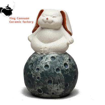 Chinese Yixing Handmade Sculpture Purple Clay Tea Pet Moon Rabbit Model Ornaments Tea Figurine Crafts Zisha Tea Set Decoration