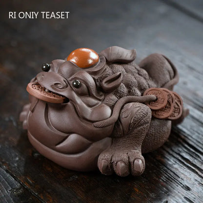 Chinese Yixing High-end Purple Clay Tea Pet Handmade Lucky Golden Toad Statue Ornaments Tea Figurine Zisha Tea Set Decoration