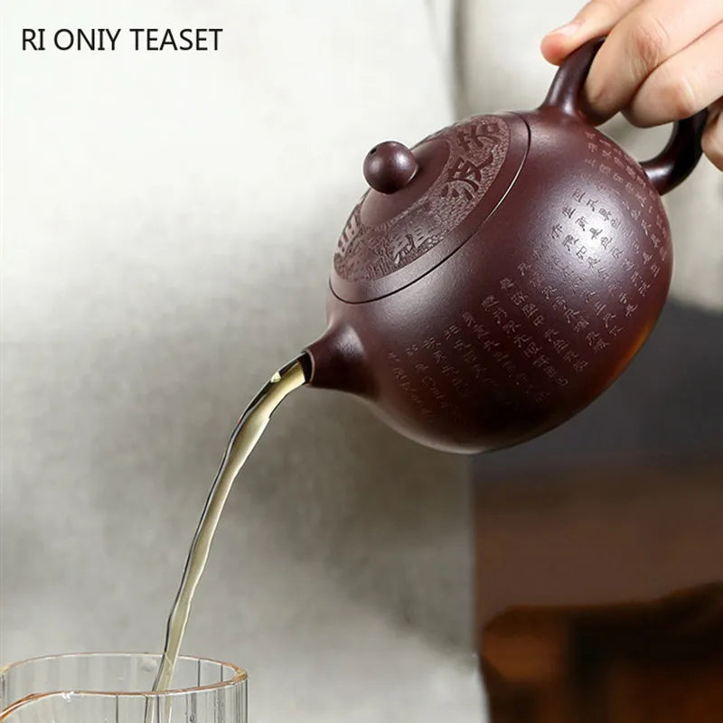 Chinese Yixing High-end Purple Clay Teapot Master Hand-carved Heart Sutra Xishi Tea Pot Handmade Kettle Authentic Zisha Tea Set