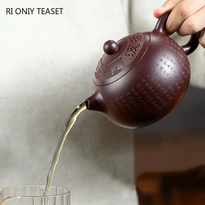 Chinese Yixing High-end Purple Clay Teapot Master Hand-carved Heart Sutra Xishi Tea Pot Handmade Kettle Authentic Zisha Tea Set