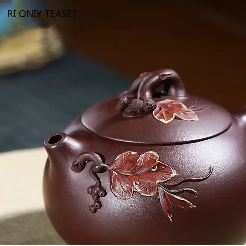 Chinese Yixing High-end Purple Clay Teapots Famous Artists Handmade Squirrel Grape Xishi Tea Pot Kettle Zisha Tea Set Collection
