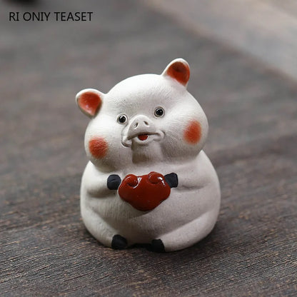 Chinese Yixing Purple Clay Tea Pet Cute Pig Statue Figure Ornaments Desktop Handmade Sculpture Crafts Zisha Tea Set Decoration
