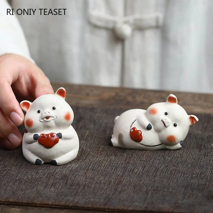 Chinese Yixing Purple Clay Tea Pet Cute Pig Statue Figure Ornaments Desktop Handmade Sculpture Crafts Zisha Tea Set Decoration