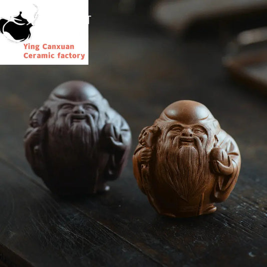 Chinese Yixing Purple Clay Tea Pet Handmade Character Statue Tea Figurine Ornaments Sculpture Crafts Home Tea Set Decoration Art
