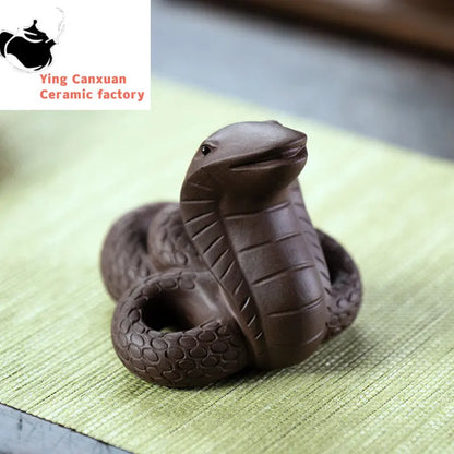 Chinese Yixing Purple Clay Tea Pet Handmade Zodiac Cobra Statue Sculpture Ornaments Tea Figurine Crafts Home Tea Set Decoration