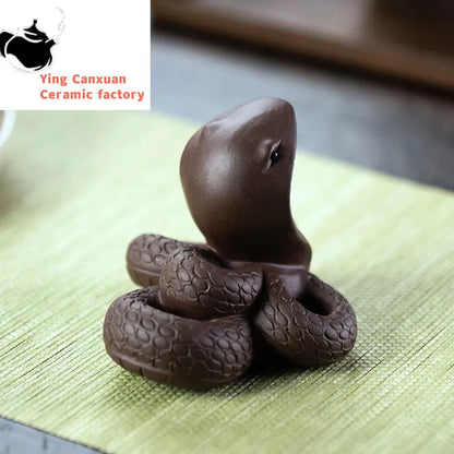 Chinese Yixing Purple Clay Tea Pet Handmade Zodiac Cobra Statue Sculpture Ornaments Tea Figurine Crafts Home Tea Set Decoration