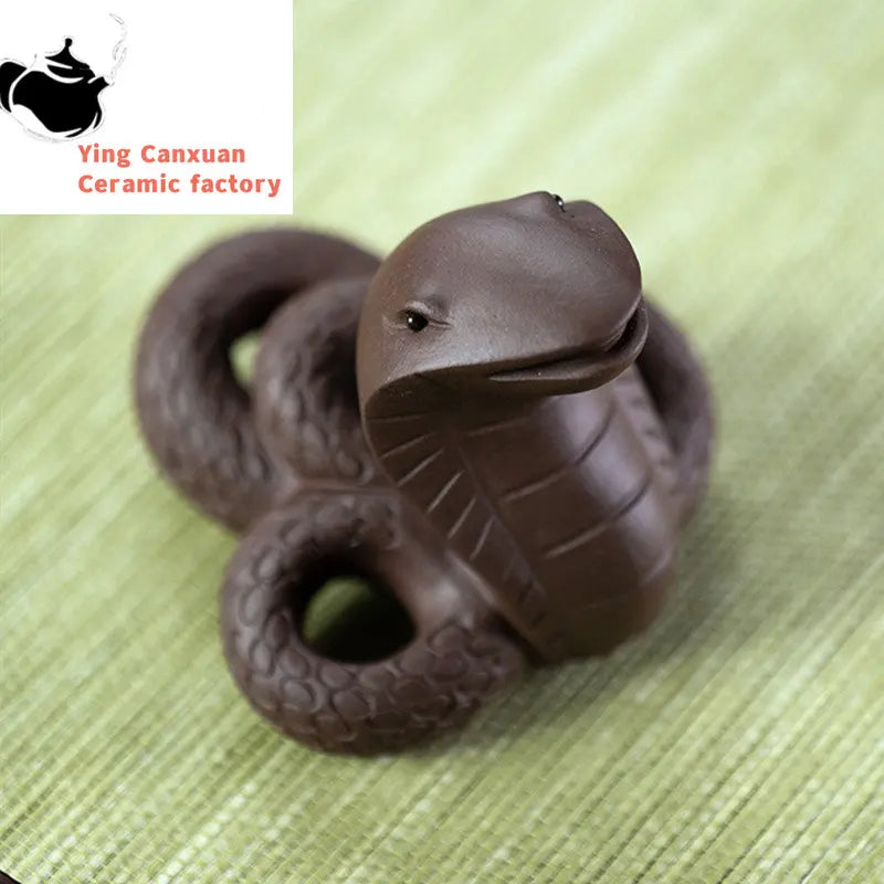 Chinese Yixing Purple Clay Tea Pet Handmade Zodiac Cobra Statue Sculpture Ornaments Tea Figurine Crafts Home Tea Set Decoration