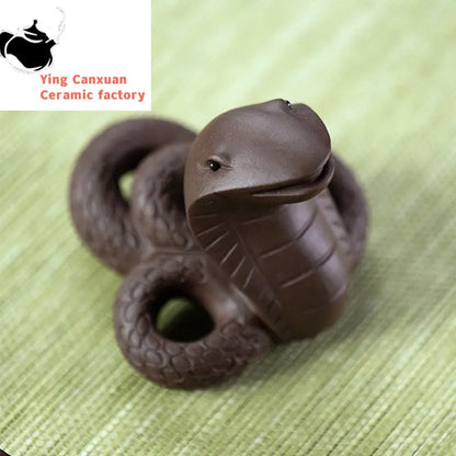 Chinese Yixing Purple Clay Tea Pet Handmade Zodiac Cobra Statue Sculpture Ornaments Tea Figurine Crafts Home Tea Set Decoration