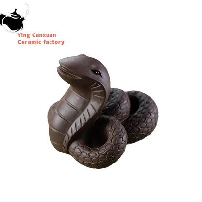 Chinese Yixing Purple Clay Tea Pet Handmade Zodiac Cobra Statue Sculpture Ornaments Tea Figurine Crafts Home Tea Set Decoration